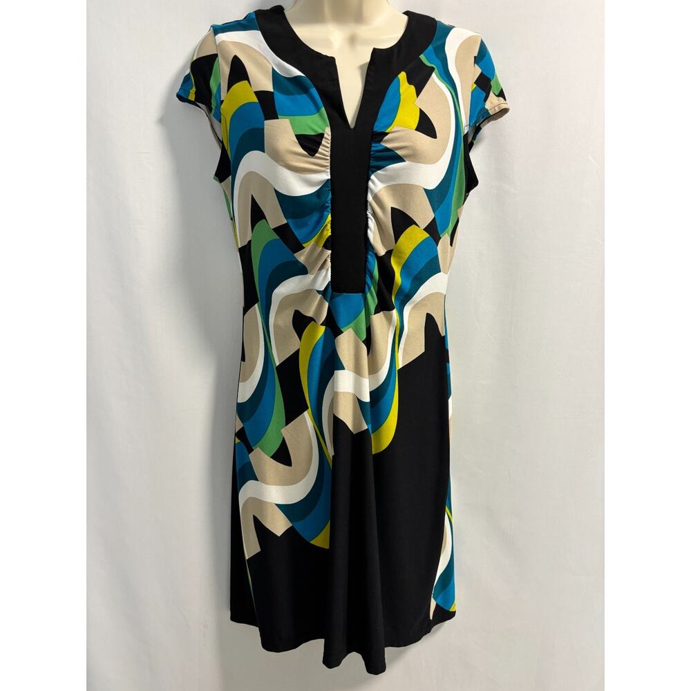 Alfani Petite XS Geometric V-Neck Sheath Dress | Multicolor | Stretch Fit